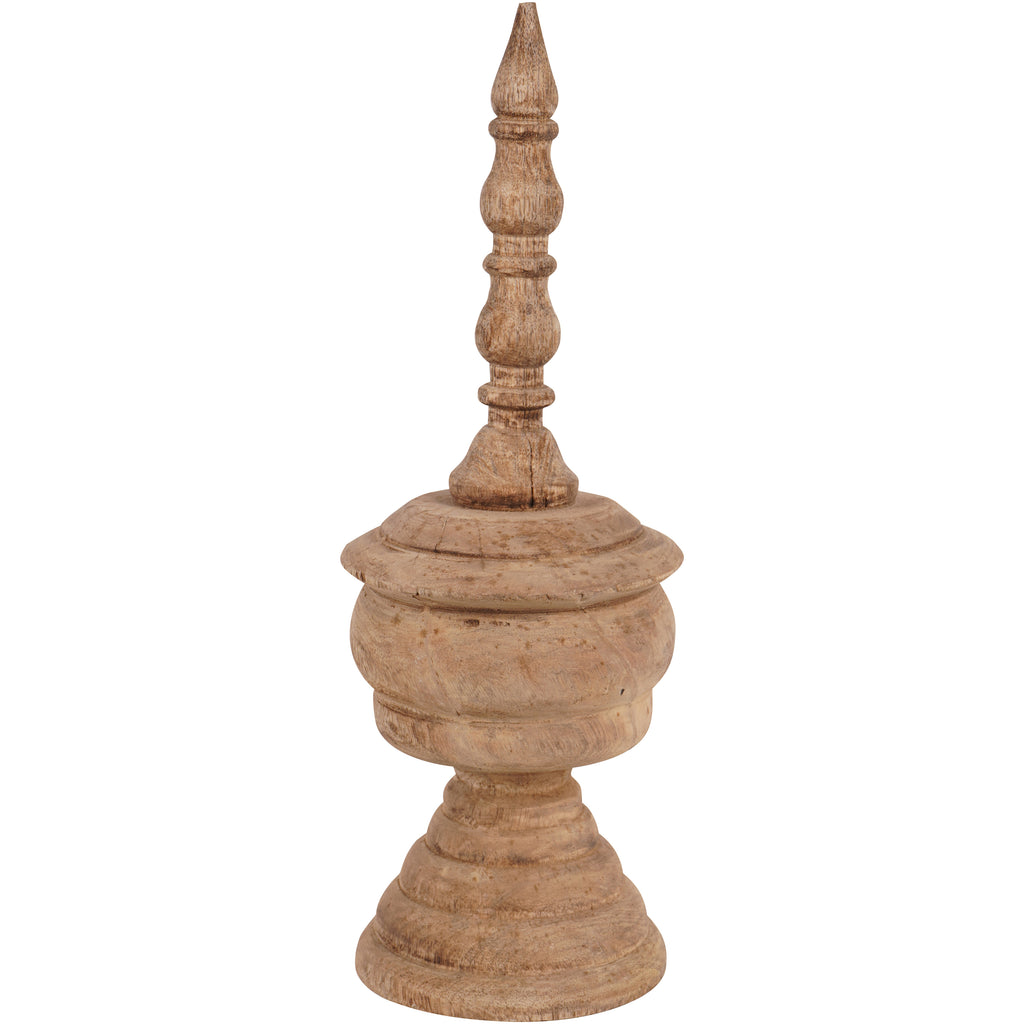 Full view of a brown wooden finial sculpture with a pointed crown, rounded body and stepped circular base on white.