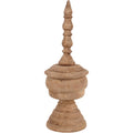Full view of a brown wooden finial sculpture with a pointed crown, rounded body and stepped circular base on white.