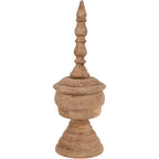 Full view of a brown wooden finial sculpture with a pointed crown, rounded body and stepped circular base on white.