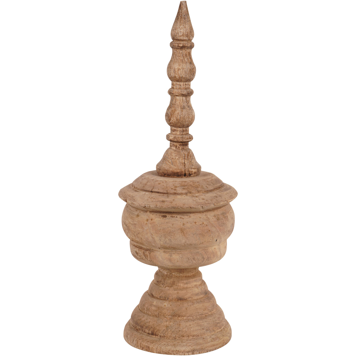 Full view of a brown wooden finial sculpture with a pointed crown, rounded body and stepped circular base on white.