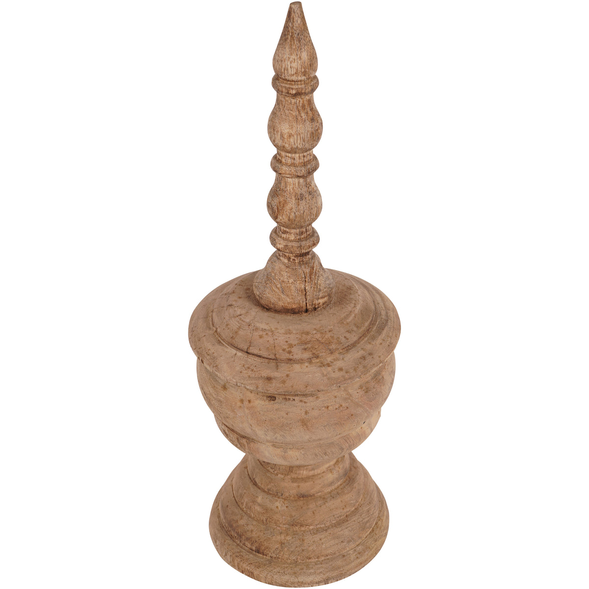 Wooden finial sculpture viewed from above at an angle, showing the circular shoulders and carved sections of the crown.