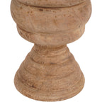 Detail of the finial's rounded lower body and stepped circular foot, showing the textured wood surface.