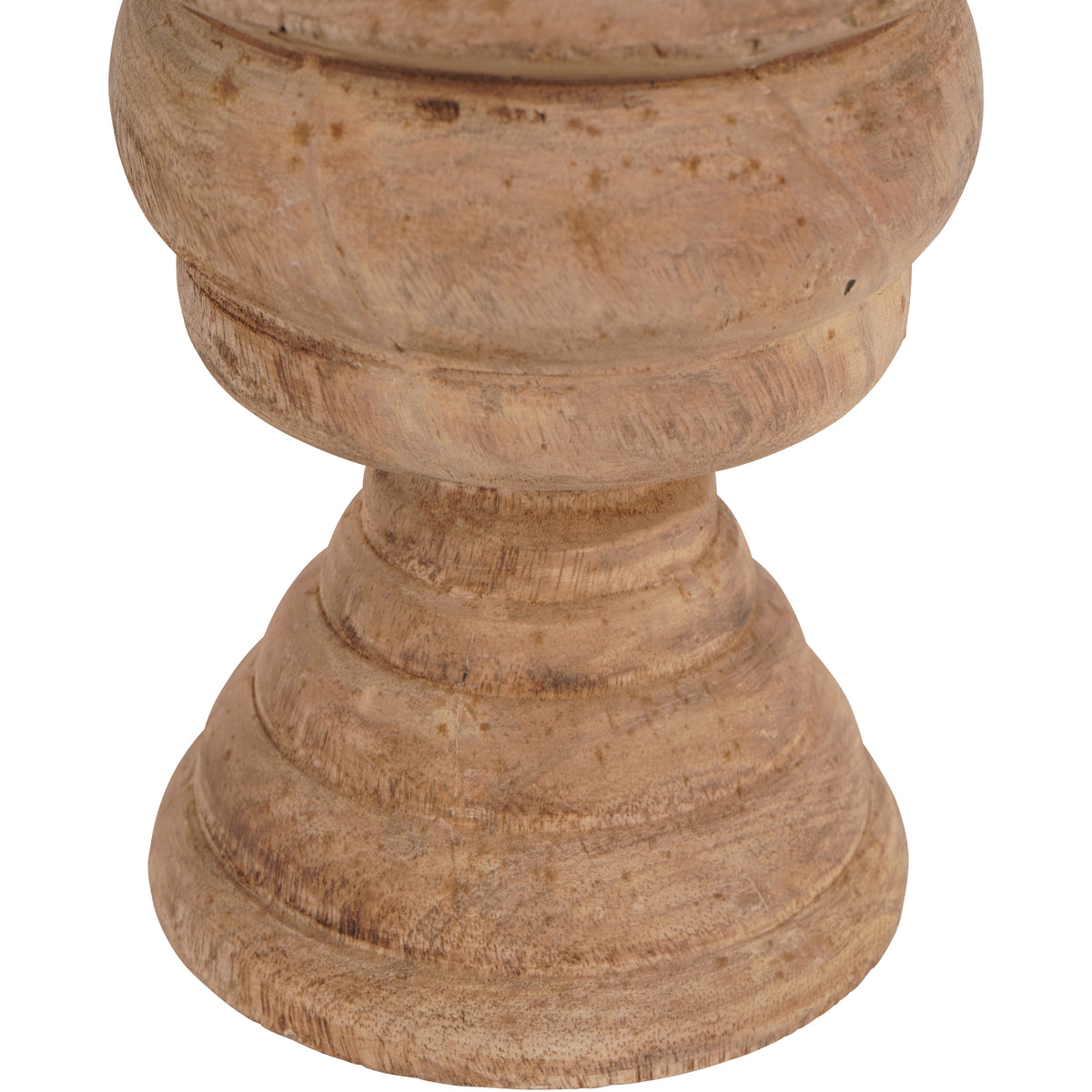 Detail of the finial's rounded lower body and stepped circular foot, showing the textured wood surface.