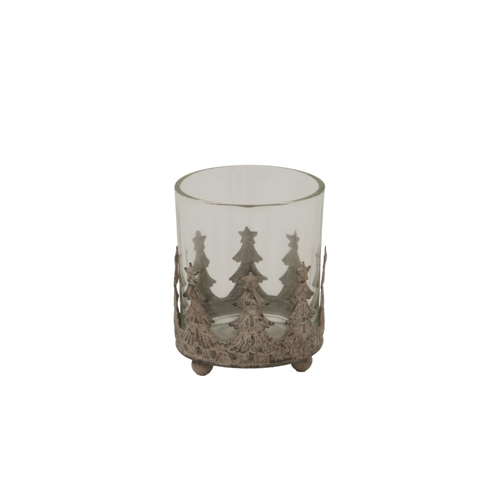 Fir & Starwrap Candle Holder shown in full, with a clear cylindrical vessel, distressed pale-grey star-topped tree wrap and small rounded feet.