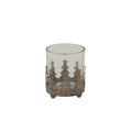 Fir & Starwrap Candle Holder shown in full, with a clear cylindrical vessel, distressed pale-grey star-topped tree wrap and small rounded feet.
