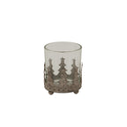 Fir & Starwrap Candle Holder shown in full, with a clear cylindrical vessel, distressed pale-grey star-topped tree wrap and small rounded feet.