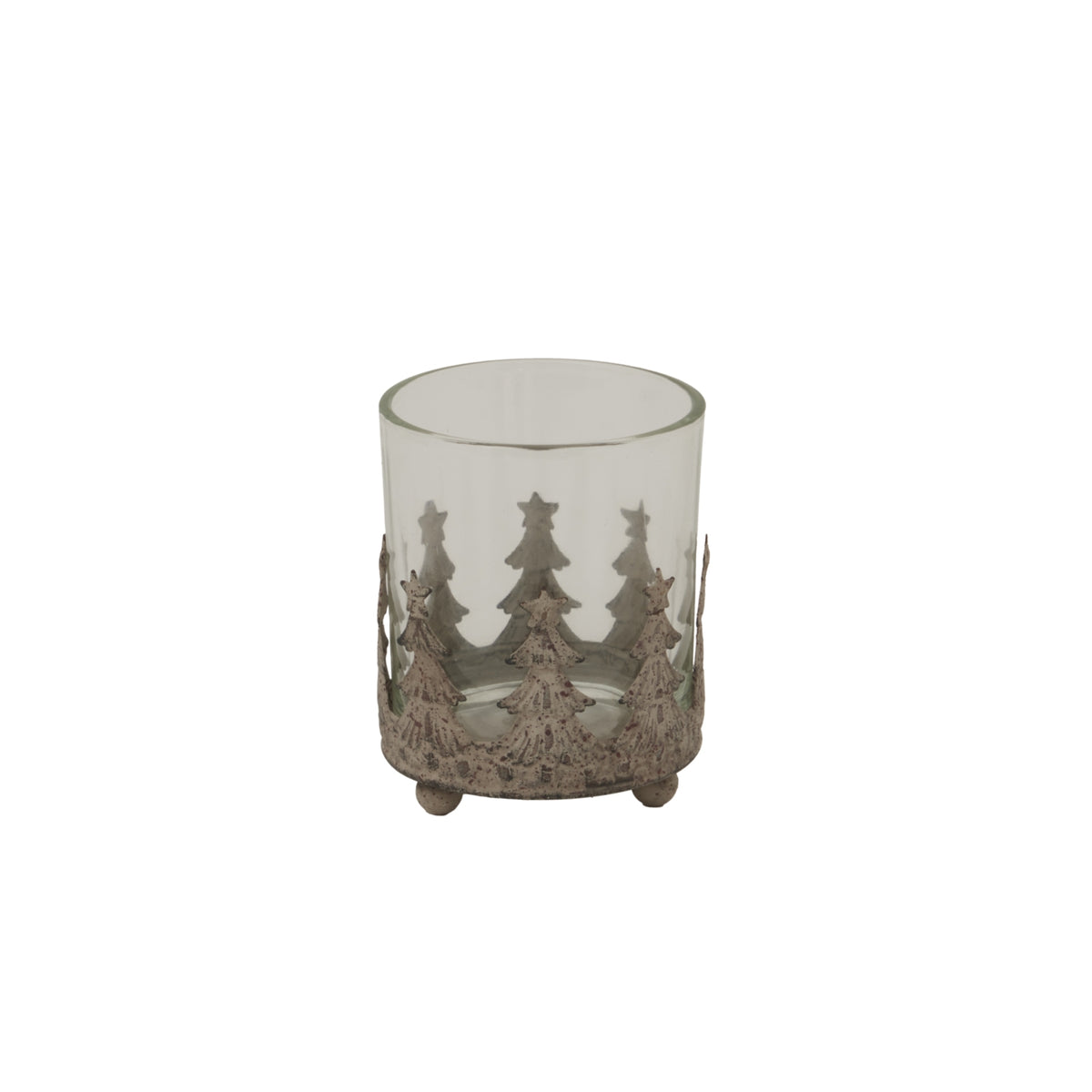 Fir & Starwrap Candle Holder shown in full, with a clear cylindrical vessel, distressed pale-grey star-topped tree wrap and small rounded feet.