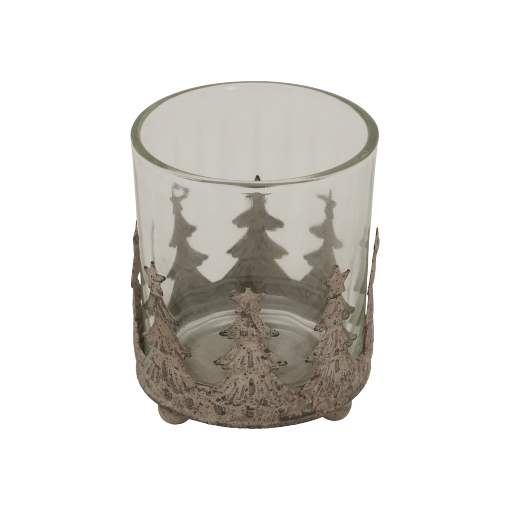 Close-up of the candle holder showing the open circular rim, layered fir-tree silhouettes and mottled finish on the star-topped cut-outs.