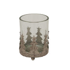 Close-up of the candle holder showing its open circular rim, overlapping fir-tree silhouettes and darker speckling across the pale-grey decorative wrap.