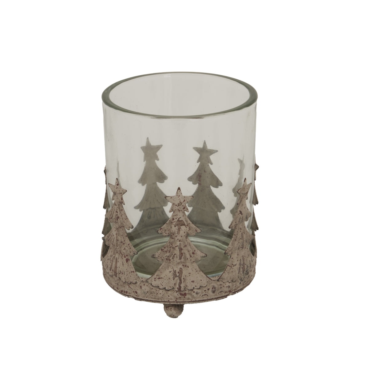 Close-up of the candle holder showing its open circular rim, overlapping fir-tree silhouettes and darker speckling across the pale-grey decorative wrap.
