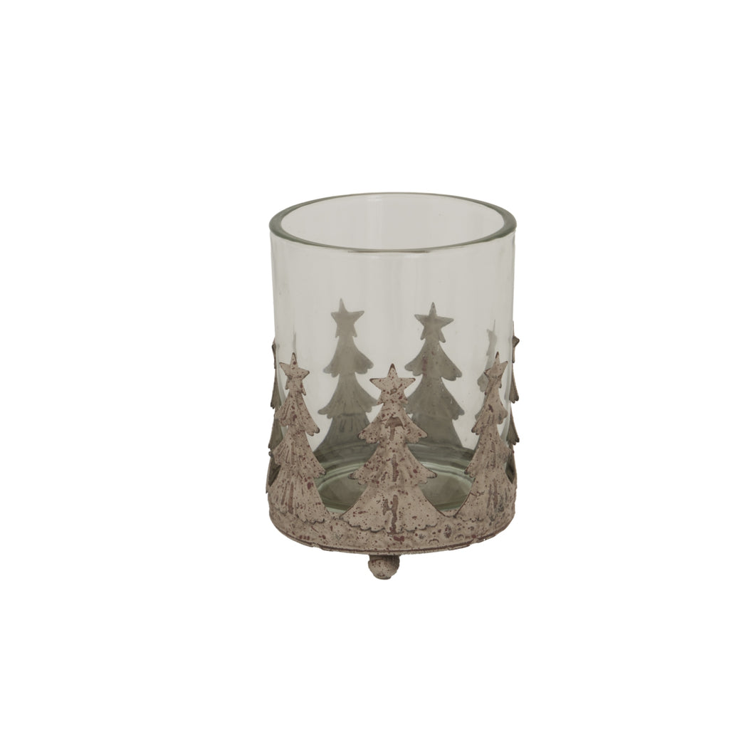 Fir & Starwrap candle holder on a white background, with a clear cylindrical vessel and a distressed pale-grey wrap of star-topped fir trees.