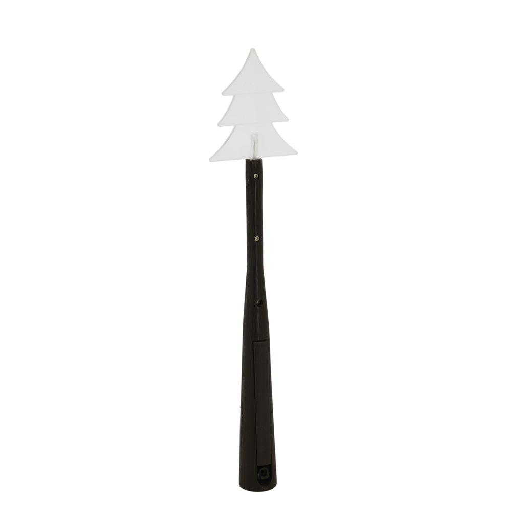 Rear view of the dark wand and white fir-tree tip, showing screw heads, a closed rectangular panel and a recess near the base.