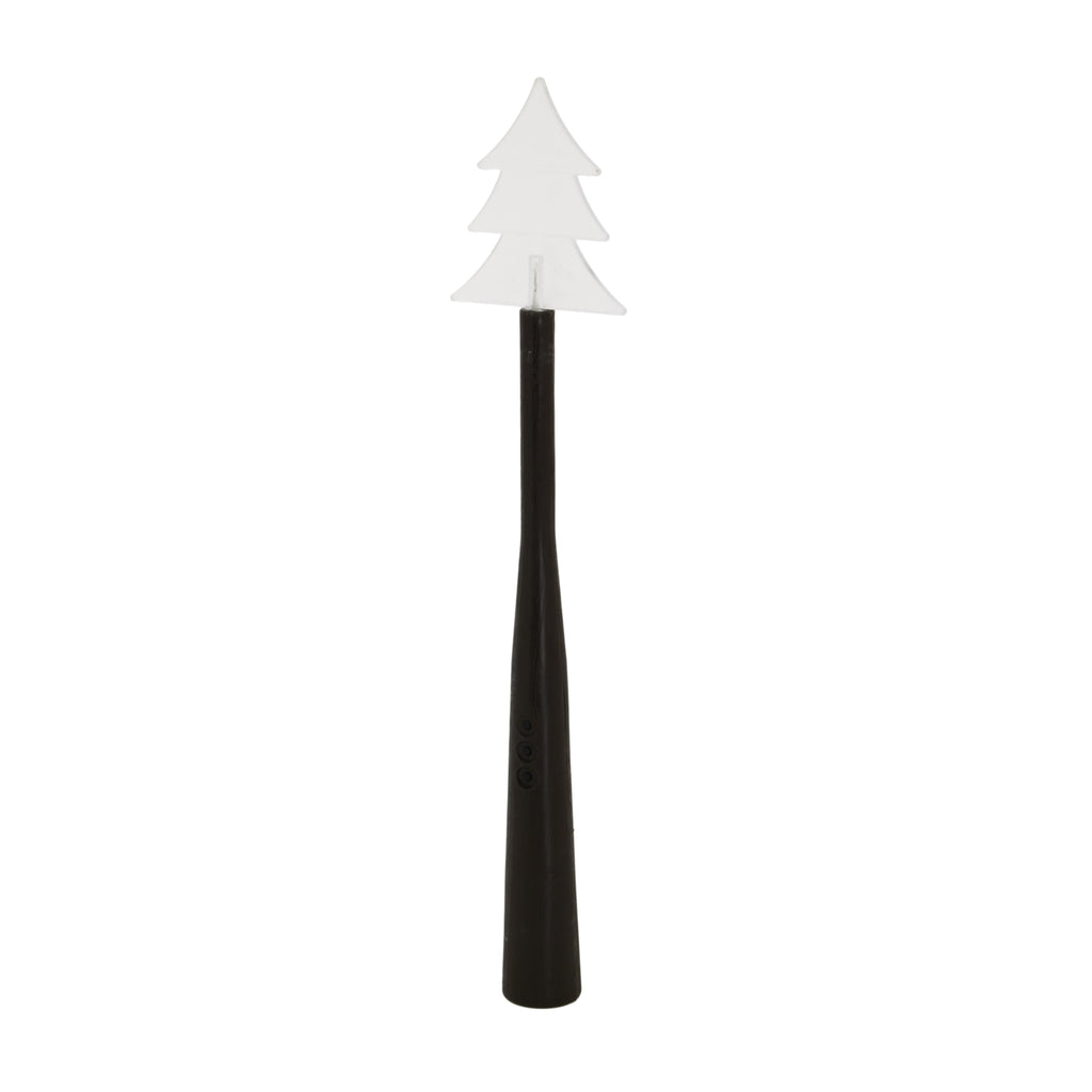 Front view of a dark wand with a translucent white fir-tree tip and three round buttons arranged vertically on the handle.