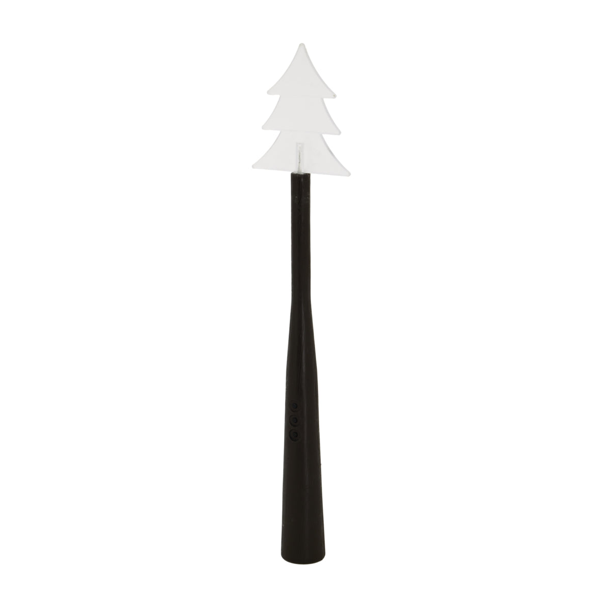 Front view of a dark wand with a translucent white fir-tree tip and three round buttons arranged vertically on the handle.
