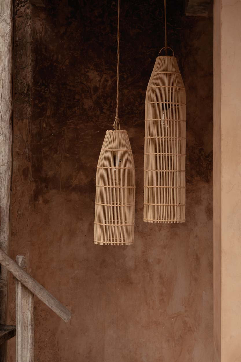 Fish Trap Rattan Pendant Light – Natural, Medium — large and medium pendants in a warm interior