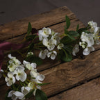 Close-up of white five-petal artificial flowers and green oval leaves laid across weathered wooden boards beside a burgundy ribbon.