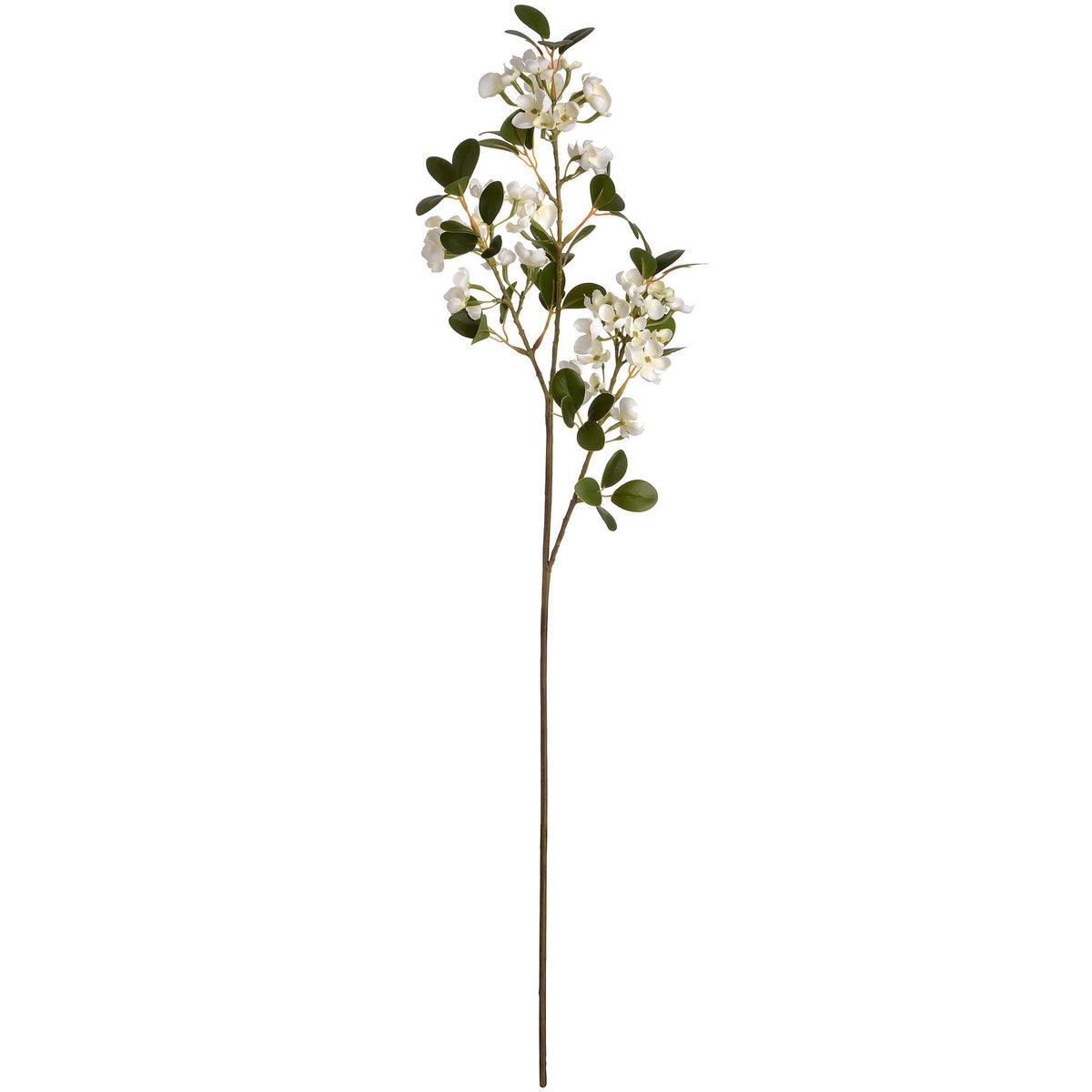Full view of an artificial flowering branch with a long brown stem, white flower clusters and dark green oval leaves against white.