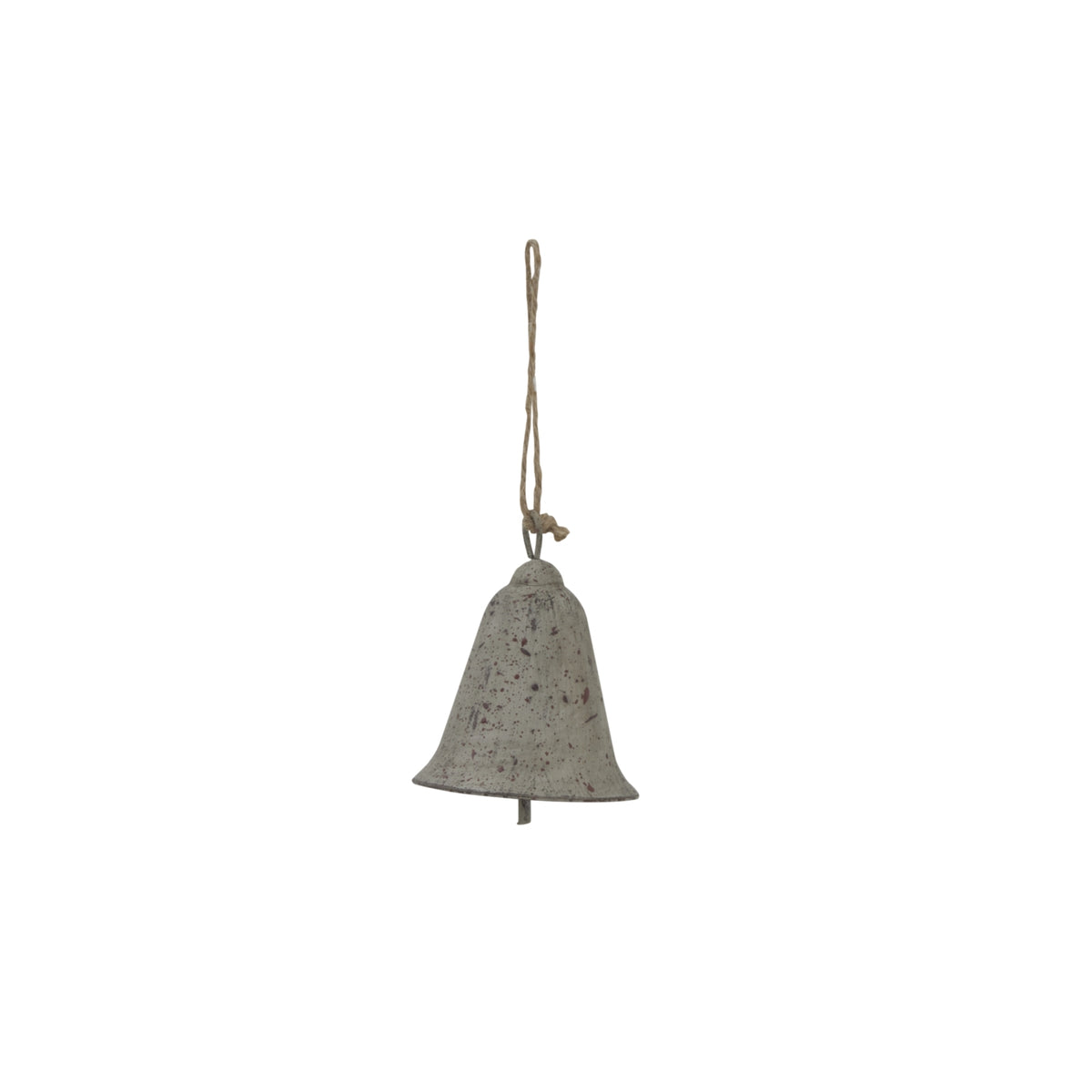 Grey-brown flared bell decoration with a long cord loop and a small clapper extending below the rim, against white.