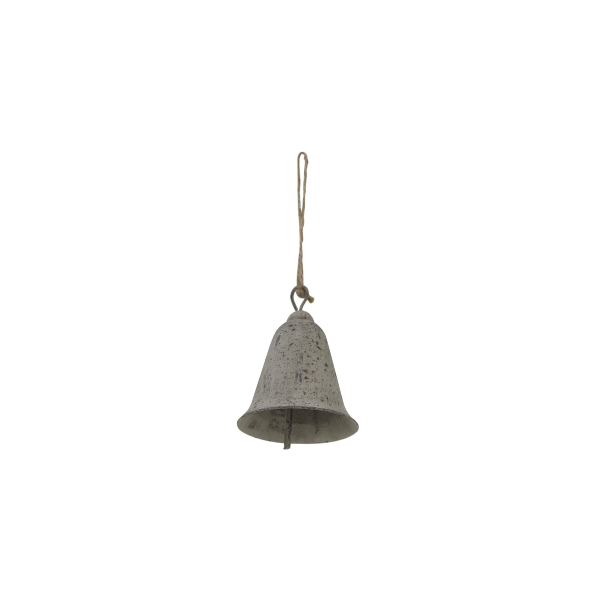 Hanging bell viewed from below, showing the wide open rim, internal clapper and knotted cord attached to the top ring.