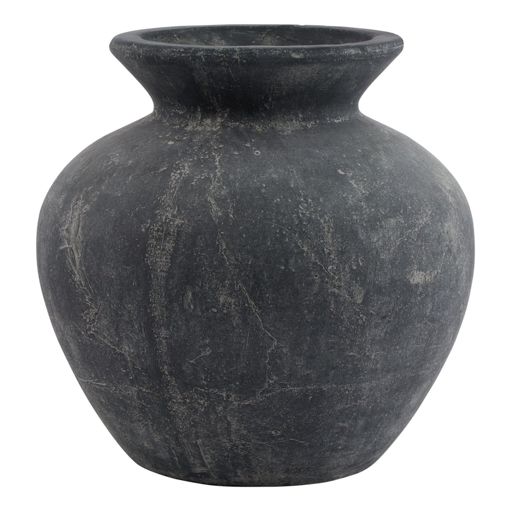 Flared Grey Vase shown in full against a white background, with a rounded dark grey body and wide flared rim.