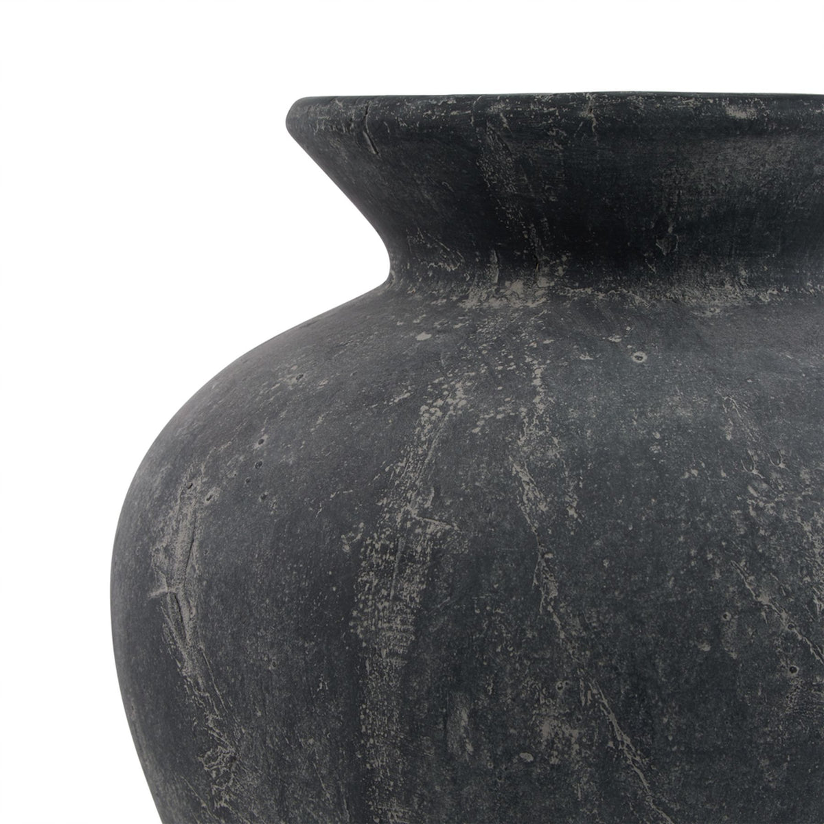 Close-up of the vase's curved shoulder and flared neck, showing pale irregular markings on the matte dark grey surface.