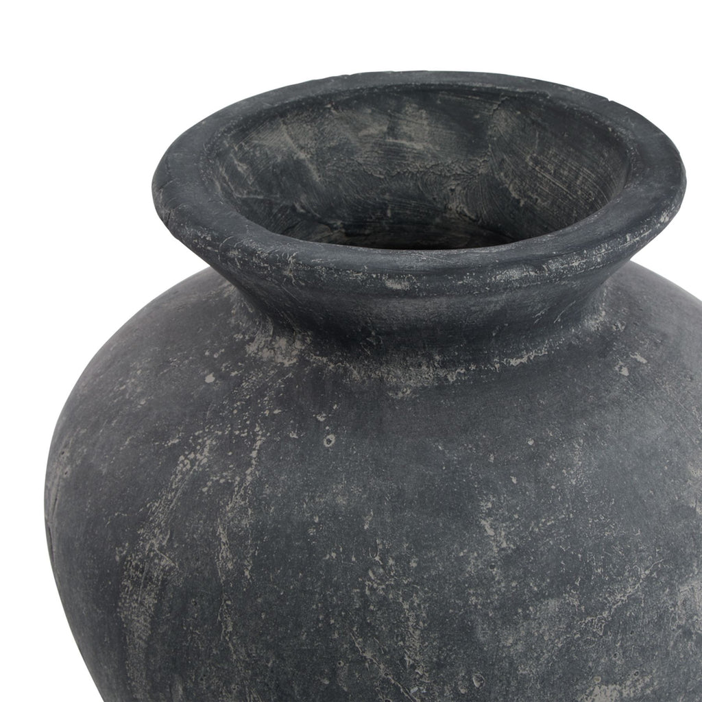 View into the open top of the grey vase, showing the broad rim, short neck and mottled interior.