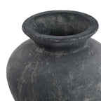 View into the open top of the grey vase, showing the broad rim, short neck and mottled interior.