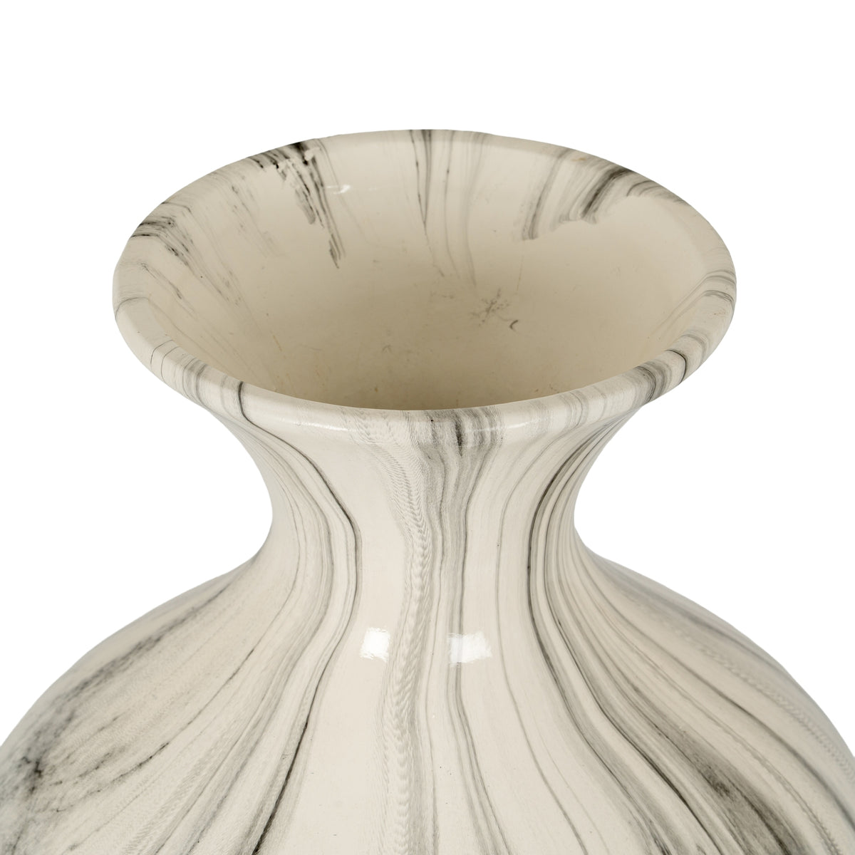 Close-up looking into the vase's wide mouth, showing its rounded rim and grey veins running down the glossy neck.