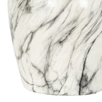 Detail of the vase's lower body, with branching charcoal lines and soft grey streaks across the glossy off-white surface.