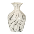 Off-white vase with grey and charcoal marble-like veining, a rounded body, narrow neck and wide flared mouth on a white background.
