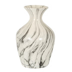 Off-white vase with grey and charcoal marble-like veining, a rounded body, narrow neck and wide flared mouth on a white background.