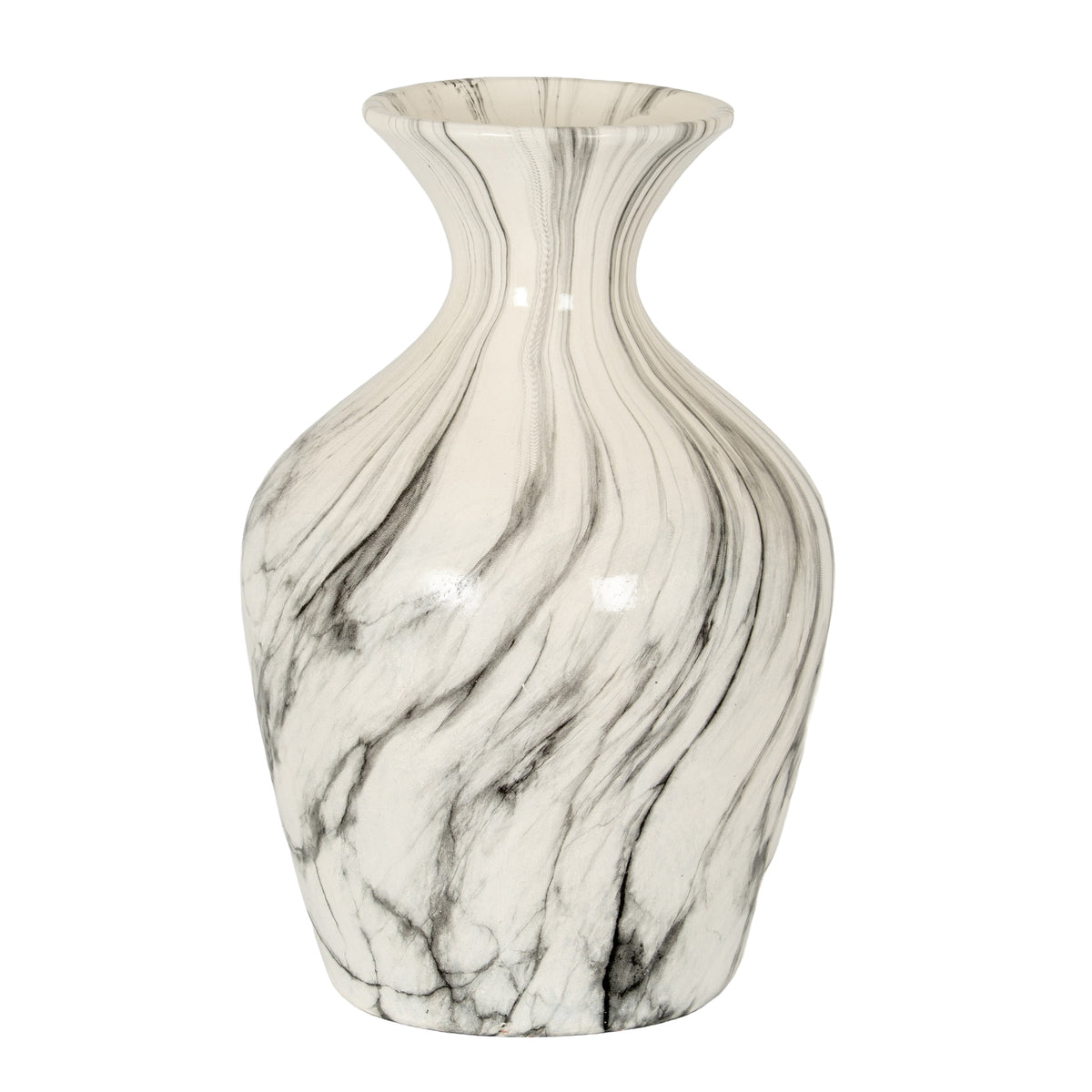 Off-white vase with grey and charcoal marble-like veining, a rounded body, narrow neck and wide flared mouth on a white background.