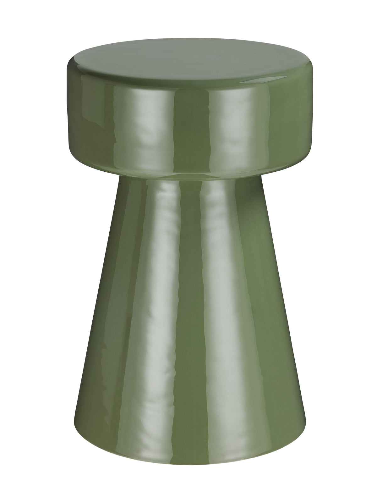 Green side table with a deep circular top and flared pedestal base, shown against white.