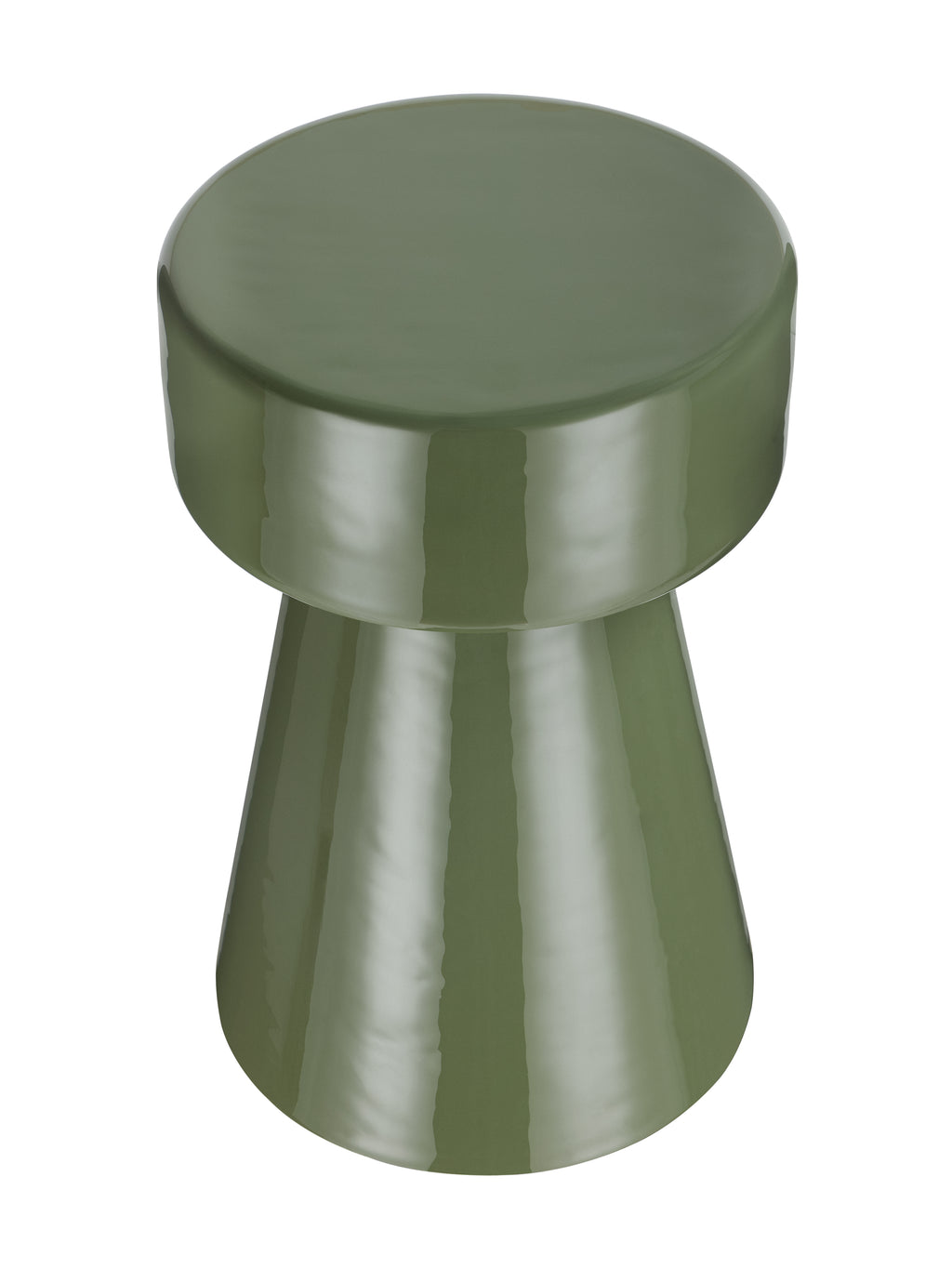 Green pedestal side table viewed from above, showing the round tabletop and widening base.
