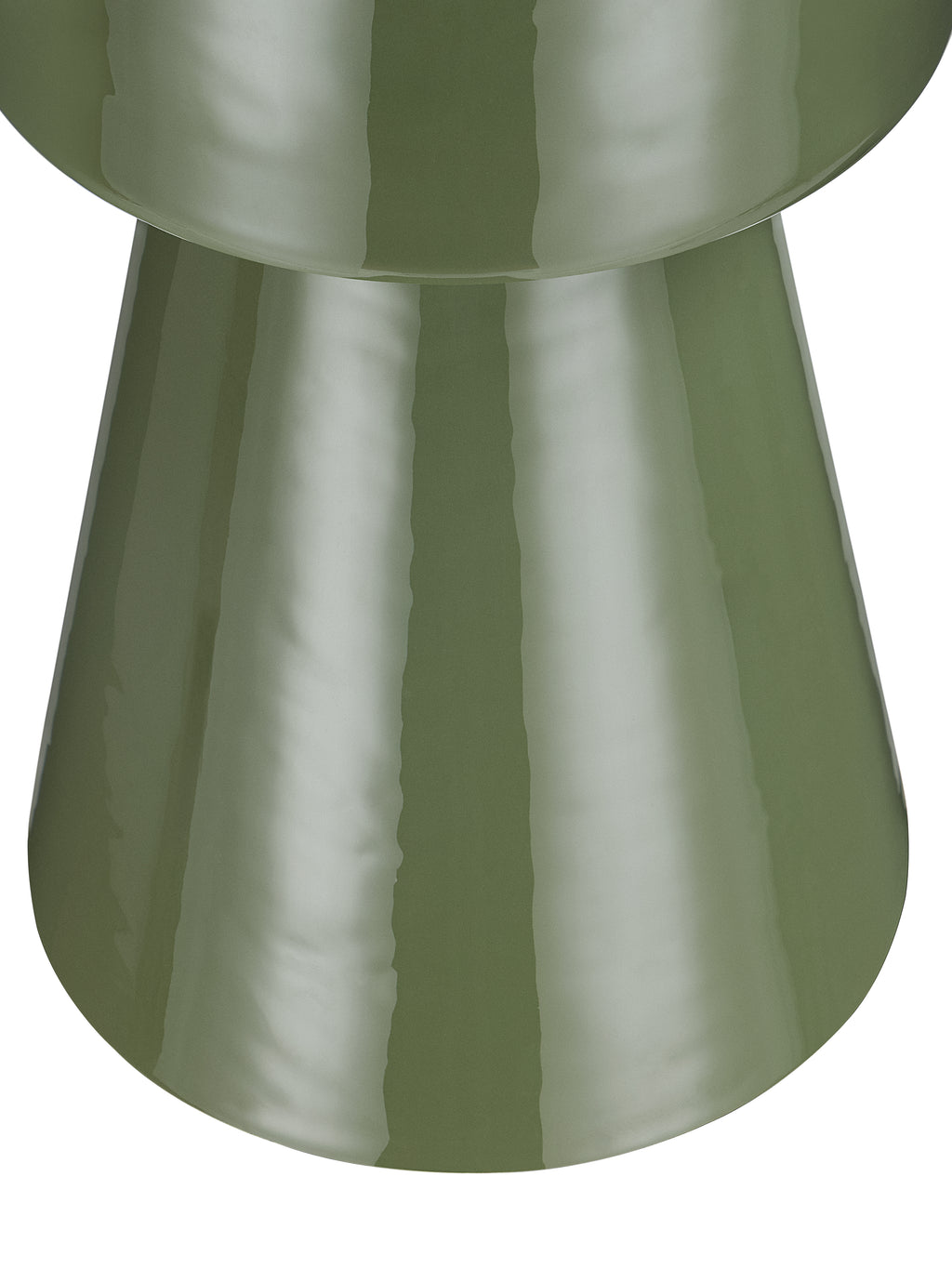 Detail of the glossy green pedestal widening towards its rounded bottom edge beneath the tabletop.