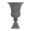 Front view of a grey flared urn with a rounded stem and square plinth base against white.