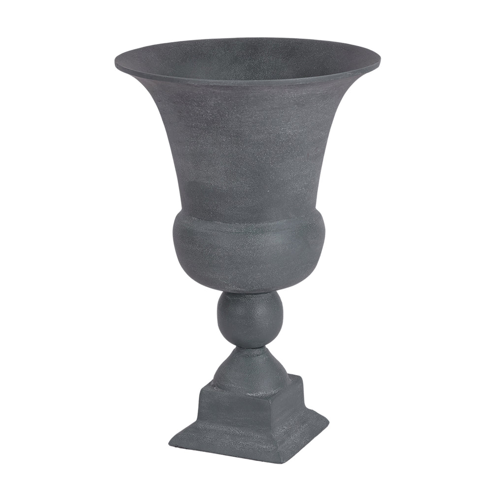 Angled view of the grey urn showing its open flared rim, curved bowl and stepped square base.