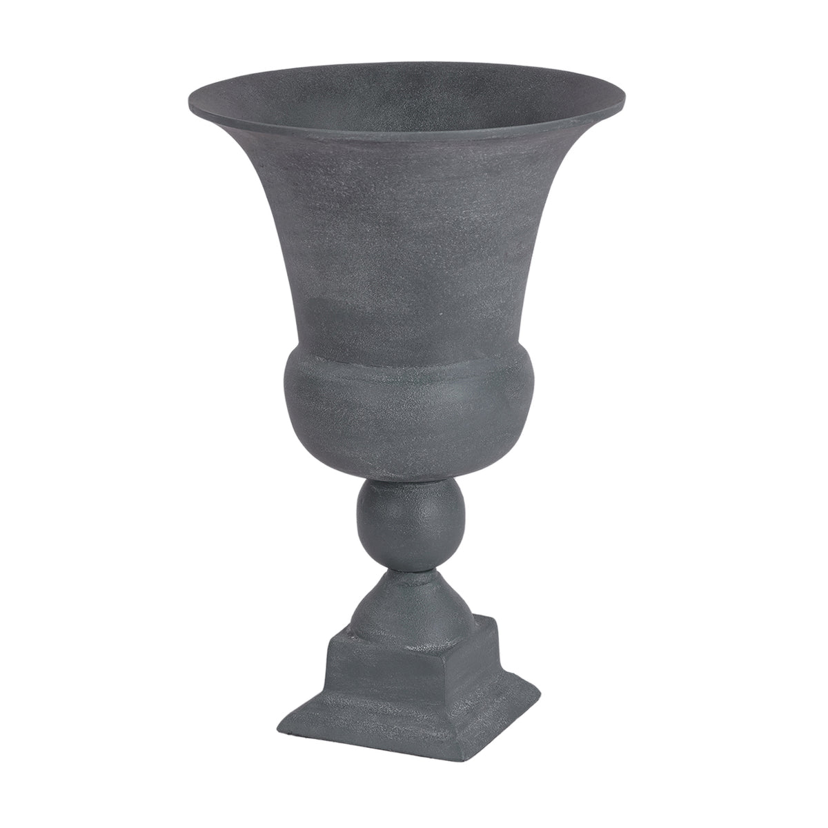 Angled view of the grey urn showing its open flared rim, curved bowl and stepped square base.