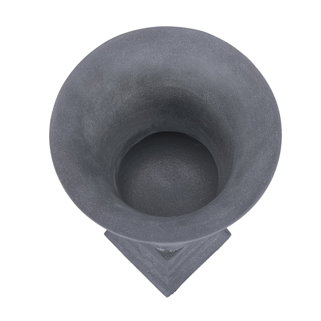 Overhead view into the grey urn, showing its wide circular opening and textured interior.
