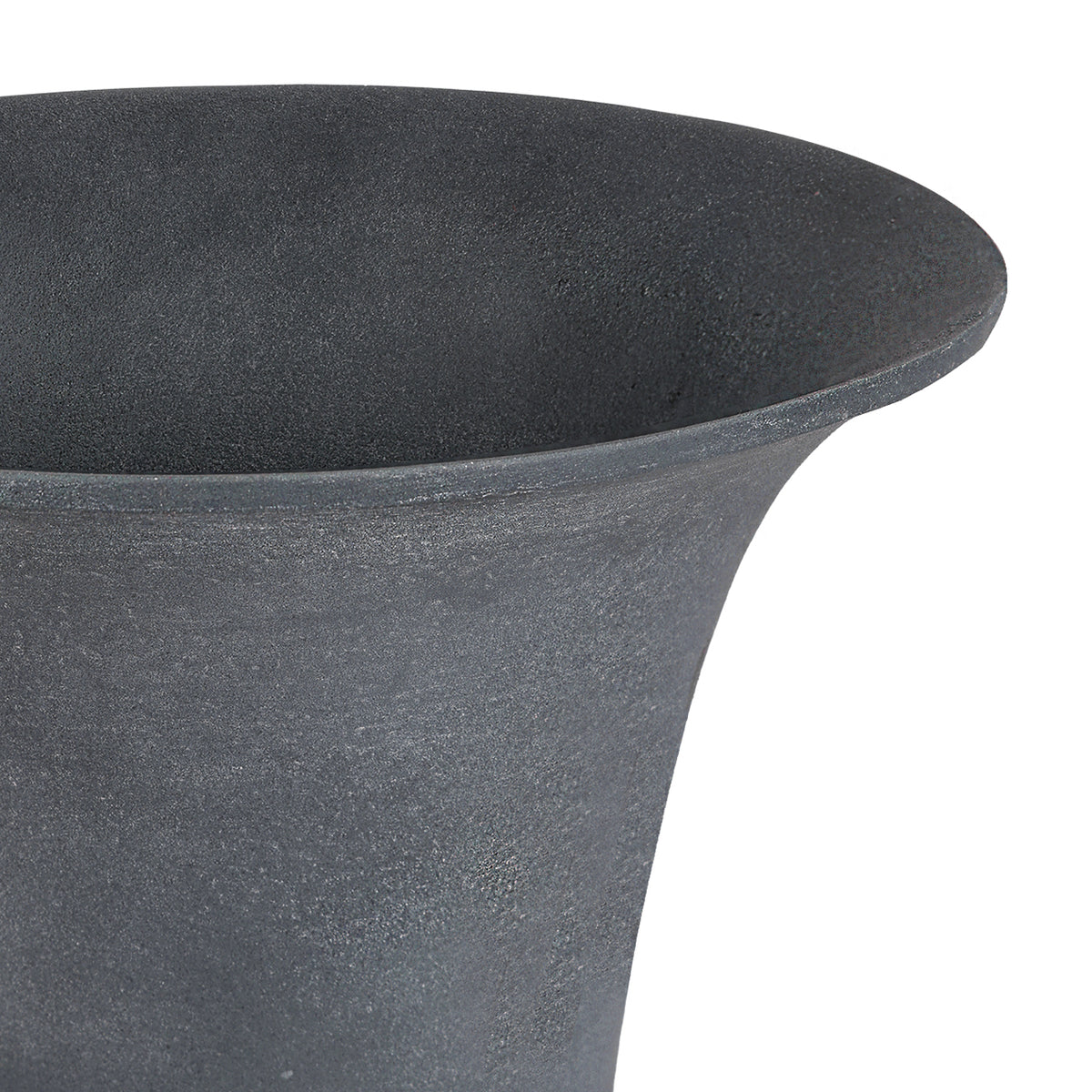 Close-up of the urn's flared rim and upper bowl, showing the fine-grained grey finish.