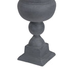 Detail of the urn's rounded stem and square plinth base with a weathered grey surface.