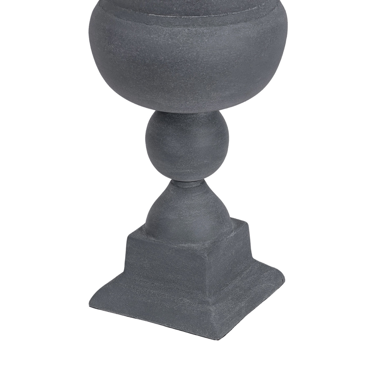 Detail of the urn's rounded stem and square plinth base with a weathered grey surface.
