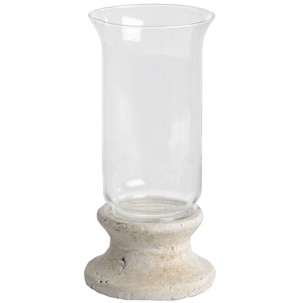 Candle lantern on a white background, with an empty clear flared sleeve above a mottled cream-grey pedestal and broad circular foot.