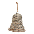 Upright woven bell decoration with a flared rim, pale brown-grey strips, silver-coloured structure and a knotted tan hanging loop.