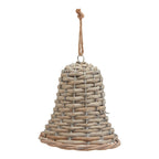 Upright woven bell decoration with a flared rim, pale brown-grey strips, silver-coloured structure and a knotted tan hanging loop.
