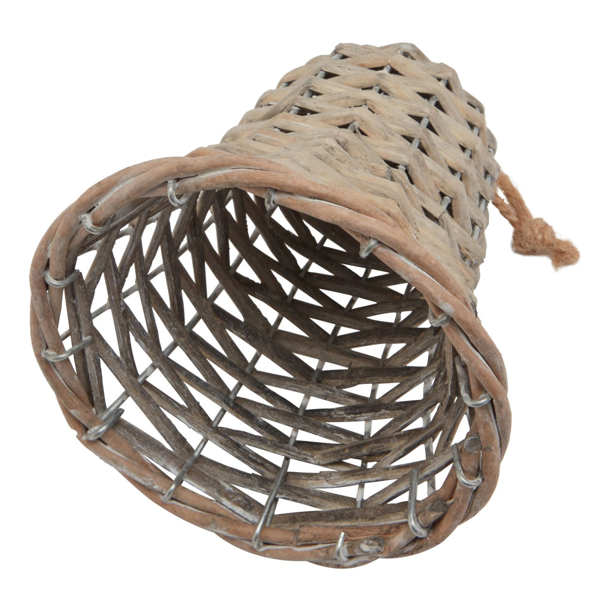 Angled view into the open underside of the woven bell, showing the broad rim, darker inner strips and silver-coloured structure.