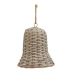 Upright view of a pale woven bell decoration with a flared rim, visible silver-toned framework and a brown cord hanging loop.