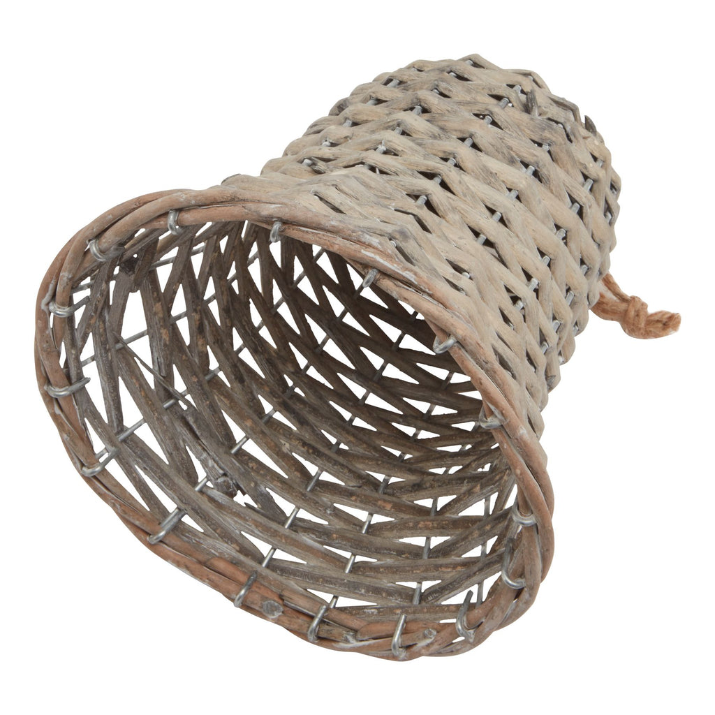 Woven bell decoration lying on its side, showing the wide open rim, darker hollow interior and silver-toned framework between the weave.