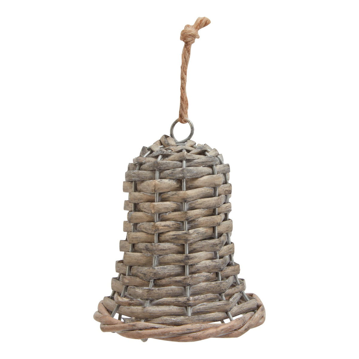 Upright brown-grey woven bell decoration with a flared rim, visible silver-coloured frame and knotted tan hanging loop on a white background.