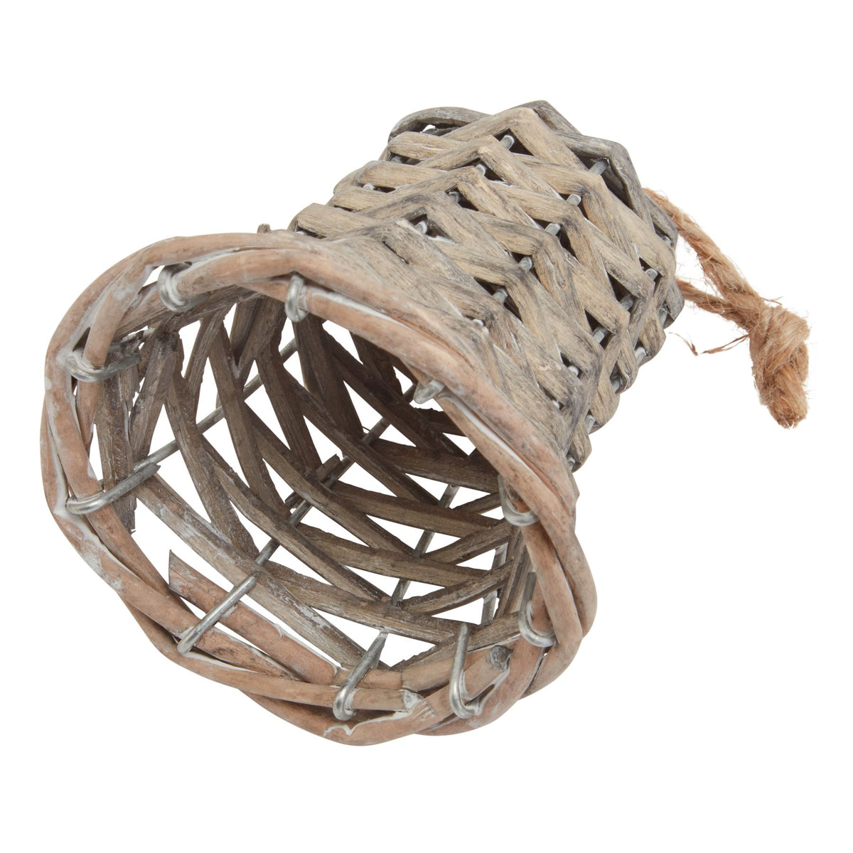 Angled close-up looking into the open underside of the woven bell, showing its curved flared rim, brown-grey strands and silver-coloured frame.